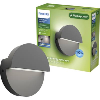 Philips UltraEfficient udendørs væglampe med grøn emballage, der viser en rund grå LED-armatur og "Netspænding"-etiket.
