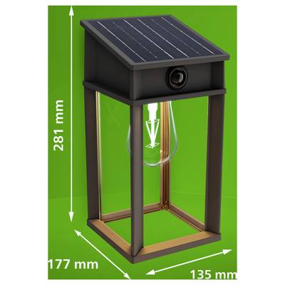 Solarcelle-drevet udendørs enhed i sort lygtestil-hus med frontkamera, vist med dimensioner på 281 mm høj, 177 mm dyb og 135 mm bred.