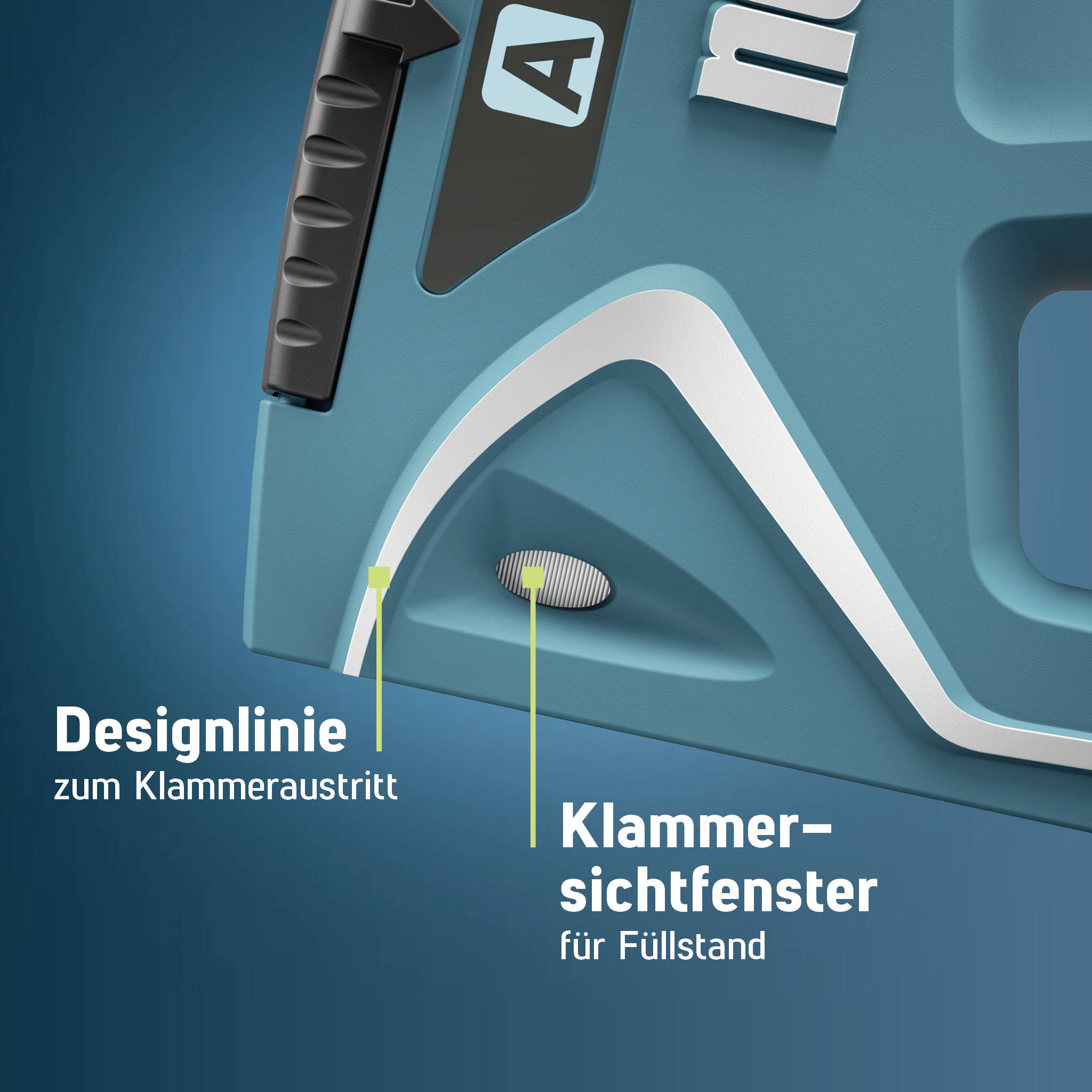 Nærbillede af en værktøjsoverflade med en designlinje ved klammerudgangen og et klammervisningsvindue, der viser fyldningsniveauet.