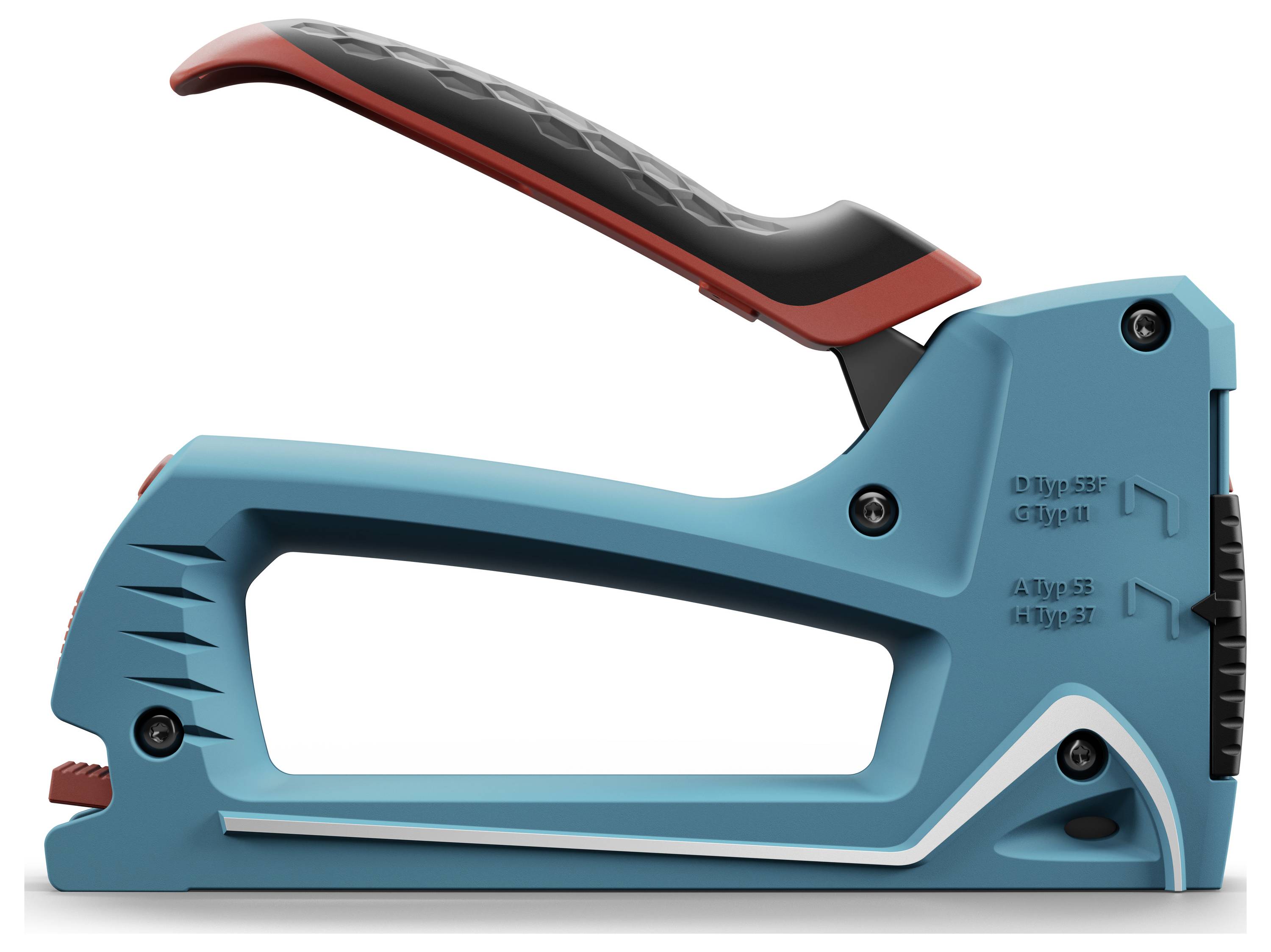 Manuel hæftepistol i blå og rød farve set fra siden, med ergonomisk greb og justeringsskruer, placeret på hvid baggrund.