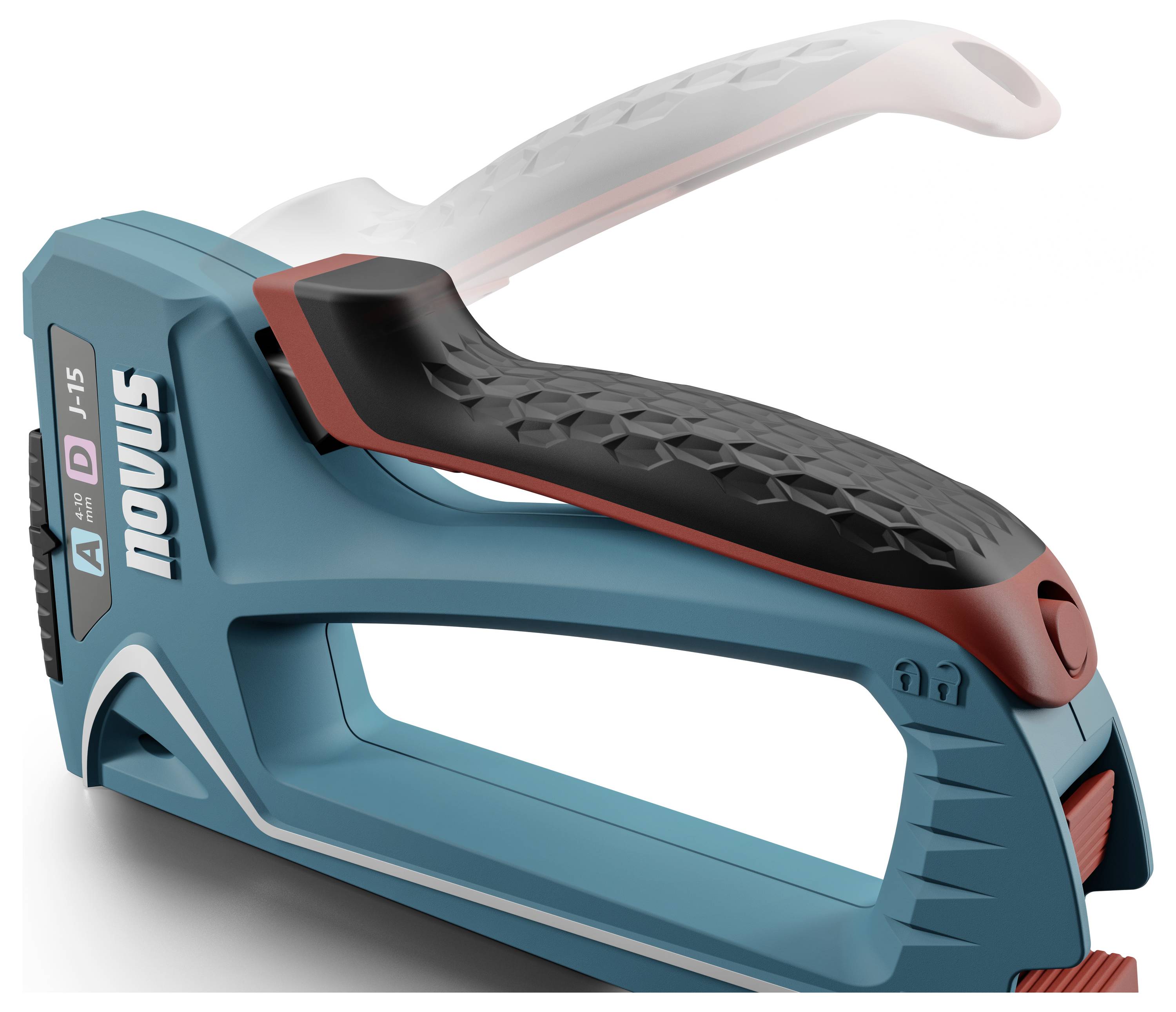 Blå hæftemaskine med sort håndtag og røde detaljer, mærke 'novus', model J-15 vist. Håndtaget er ergonomisk udformet.