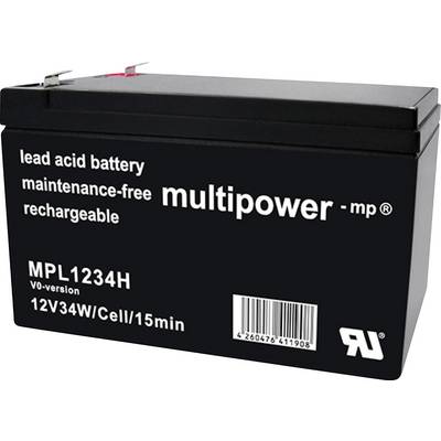 Sort bly-syre-batteri med påskrift 'vedligeholdelsesfri, genopladelig, multipower'. Model MPL1234H, 12V34W/Celle/15min.