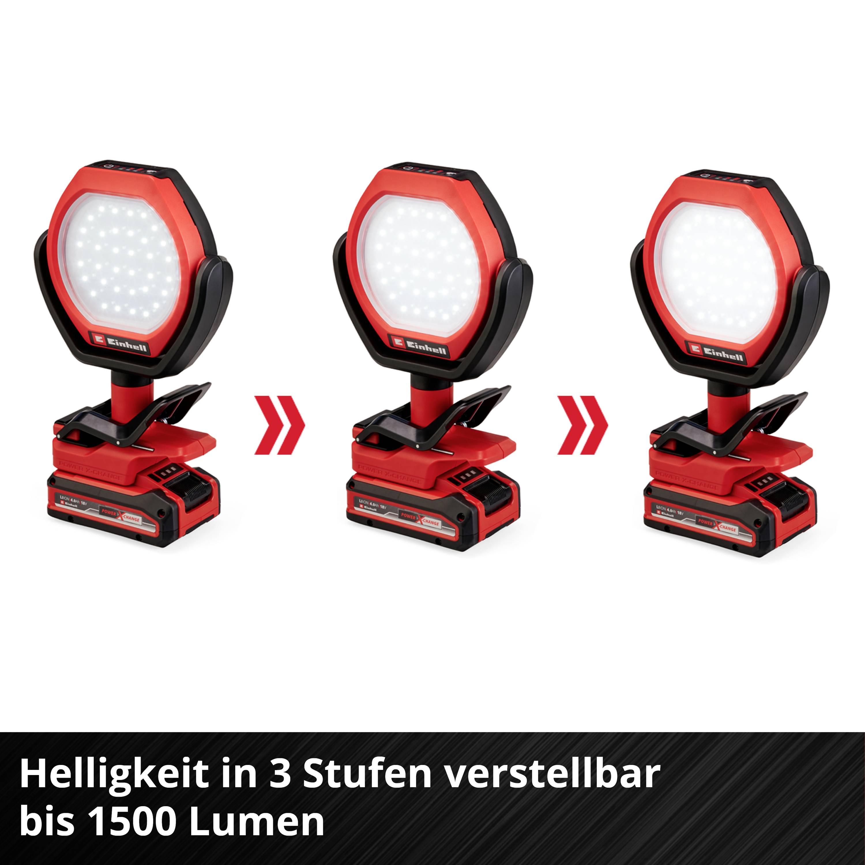 'Tre røde LED-lys, hvis lysstyrke kan justeres i 3 trin op til 1500 lumen, placeret ved siden af hinanden.'