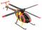 En legetøjs-helikopter med en knaldorangen og sort krop, røde rotorblade med røde spidser og en bagrutor. Det har landingsskinnebeslag.
