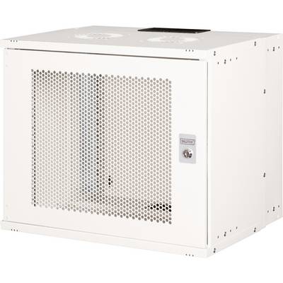 En hvid metalinddækning med perforeret front til ventilation og en sikker låsemekanisme på højre side, bruges til at huse elektronisk udstyr.