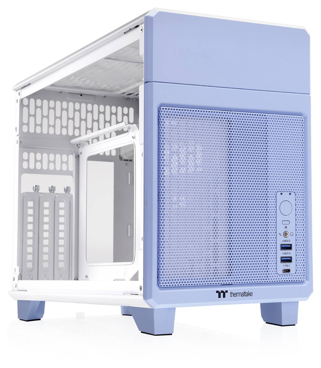 Et tomt, blå-hvidt PC-kabinet med flere udvidelsespladser og USB-porte i fronten.