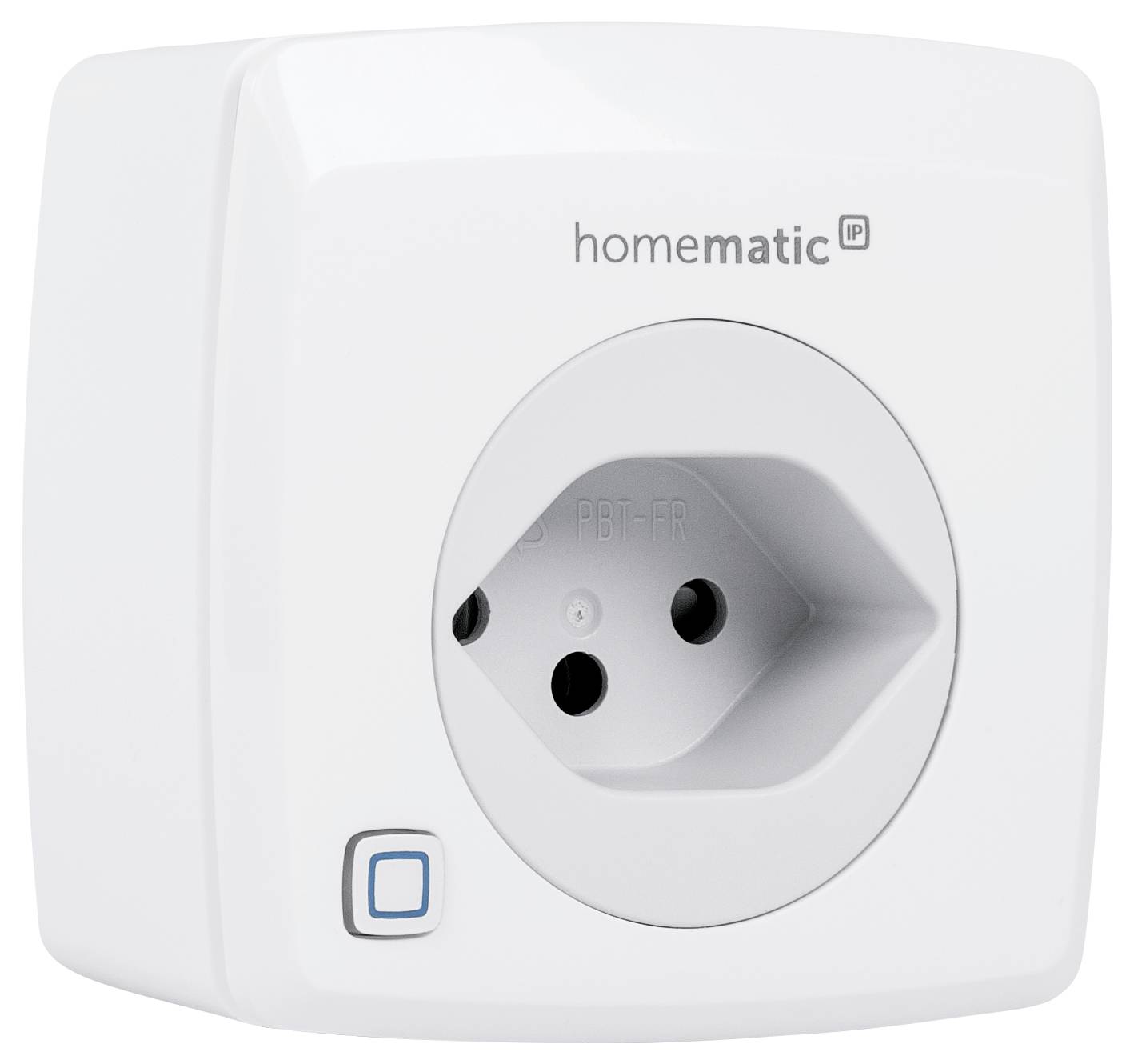 En smart stikkontakt fra 'homematic IP' med firkantet form og en rund åbning, velegnet til intelligent hjemmestyring.