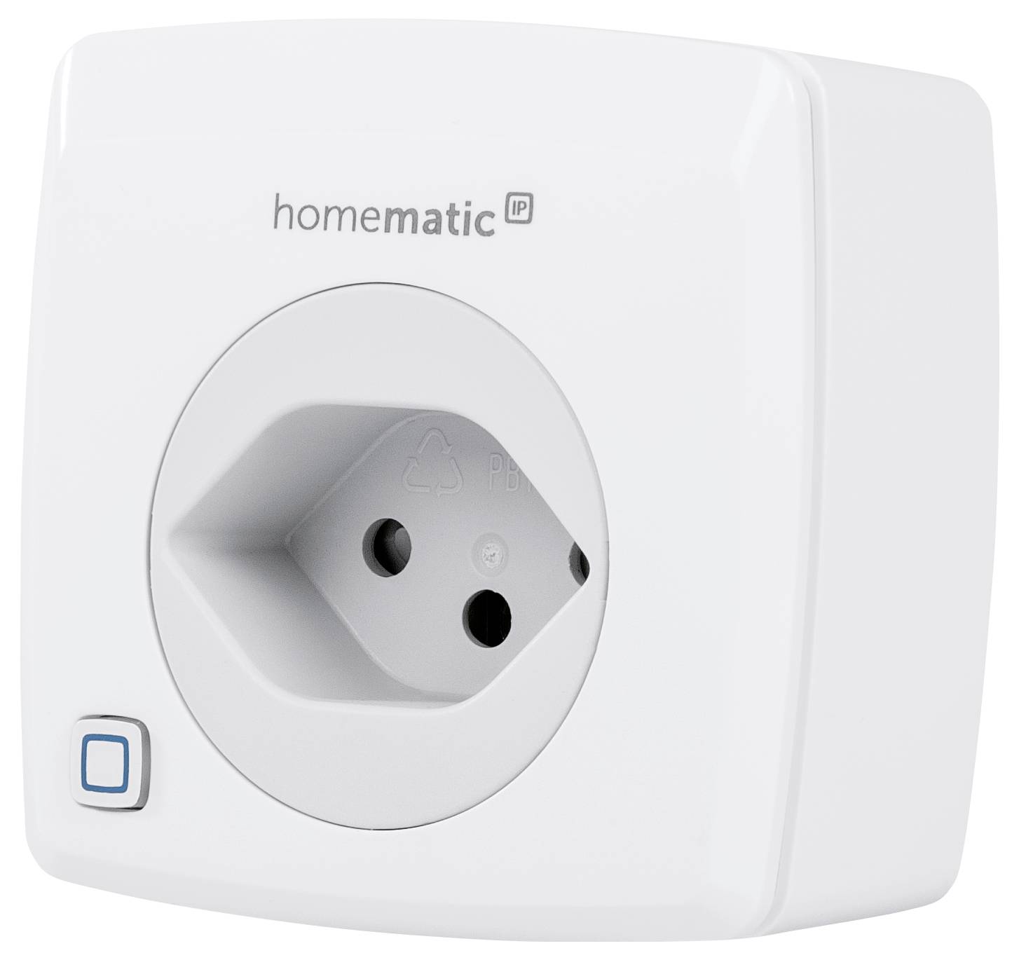 Hvid Smart-stikkontakt ved navn 'homematic IP' med en blå knap i venstre hjørne nederst, til smart styring af elektriske enheder.