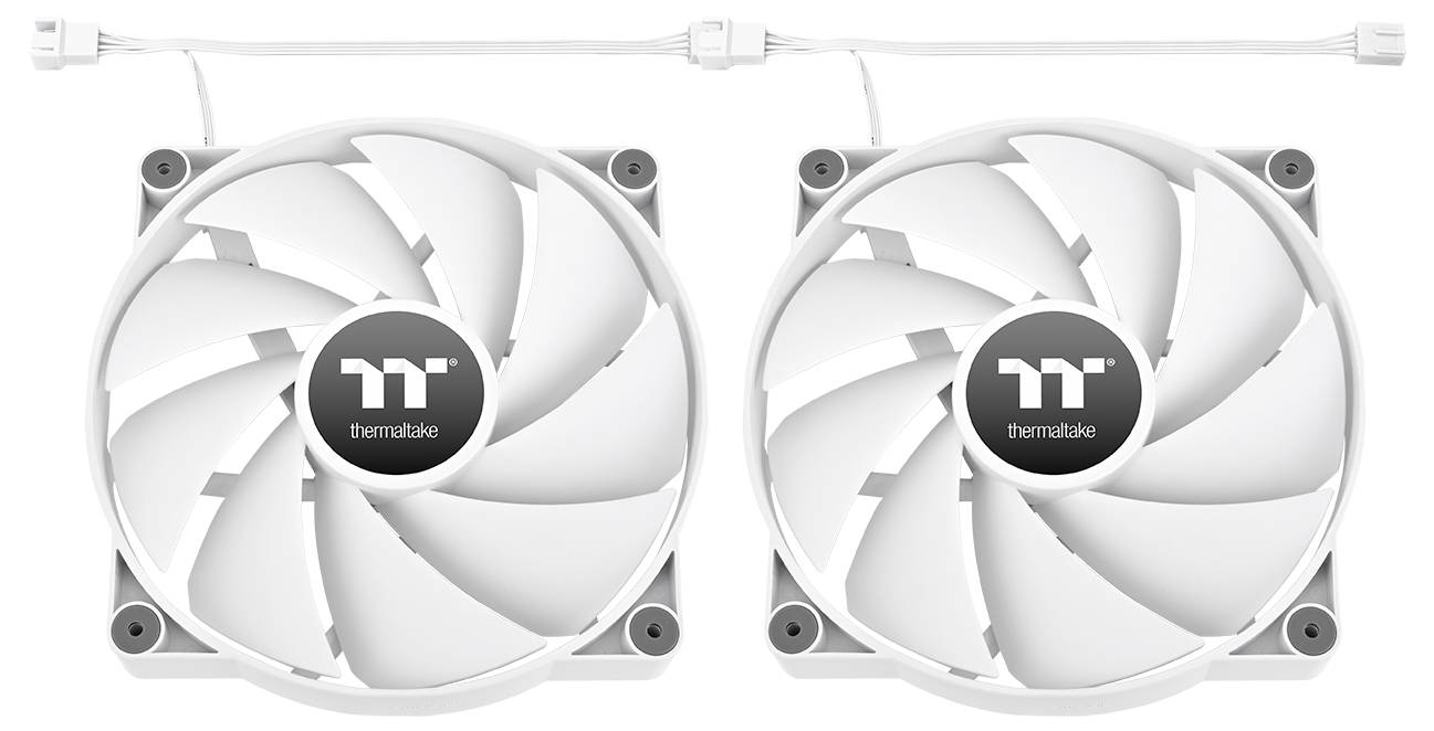To computerventilatorer i hvid farve med kabler, placeret ved siden af hinanden. De har Thermaltake-logoet i midten.