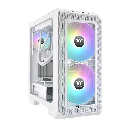 Et hvidt PC-kabinet med to lysende RGB-blæsere i fronten. Det har et elegant design med klare sidevægge.