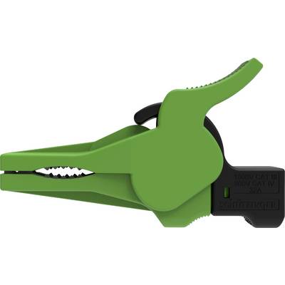 Grøn krokodilklemme, isoleret, egnet til elektriske anvendelser op til 1000V CAT III og 600V CAT IV, 32A belastning.