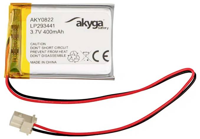 Et Lithium-Polymer-batteri fra Akyga med 3,7V og 400mAh. Advarsler: 'Undgå kortslutning' og 'Beskyt mod varme'.