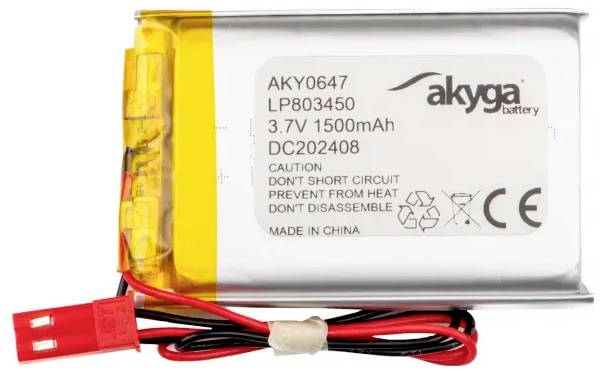 Lithium-polymer batteri med kabelstik, modelnummer 'AKY0647', kapacitet 1500mAh, 3,7V. Advarsel: Må ikke åbnes eller kortsluttes.