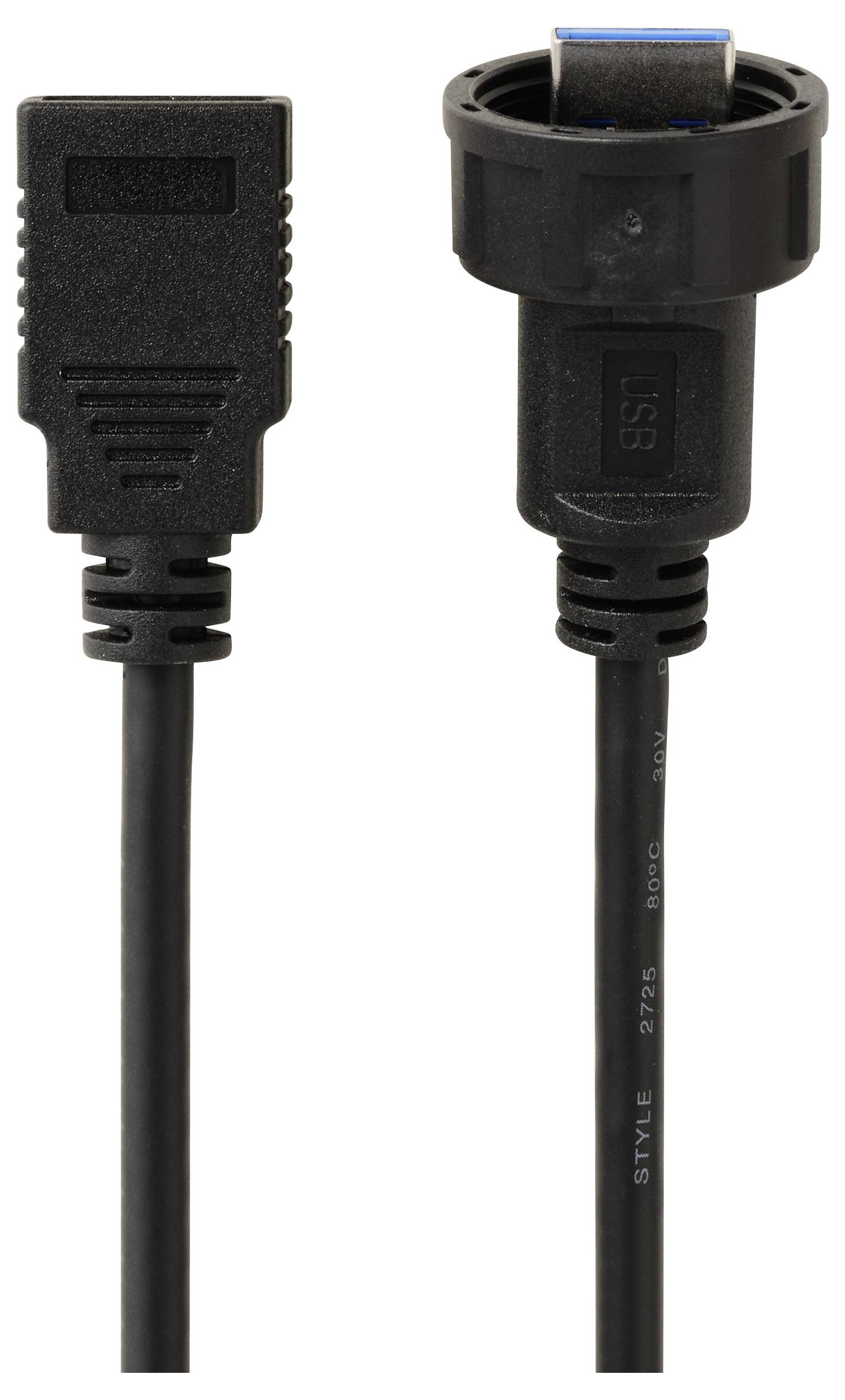 To sorte kabelstik: Et HDMI-stik til venstre og et USB 3.0-stik til højre, begge med kabler vendt nedad.