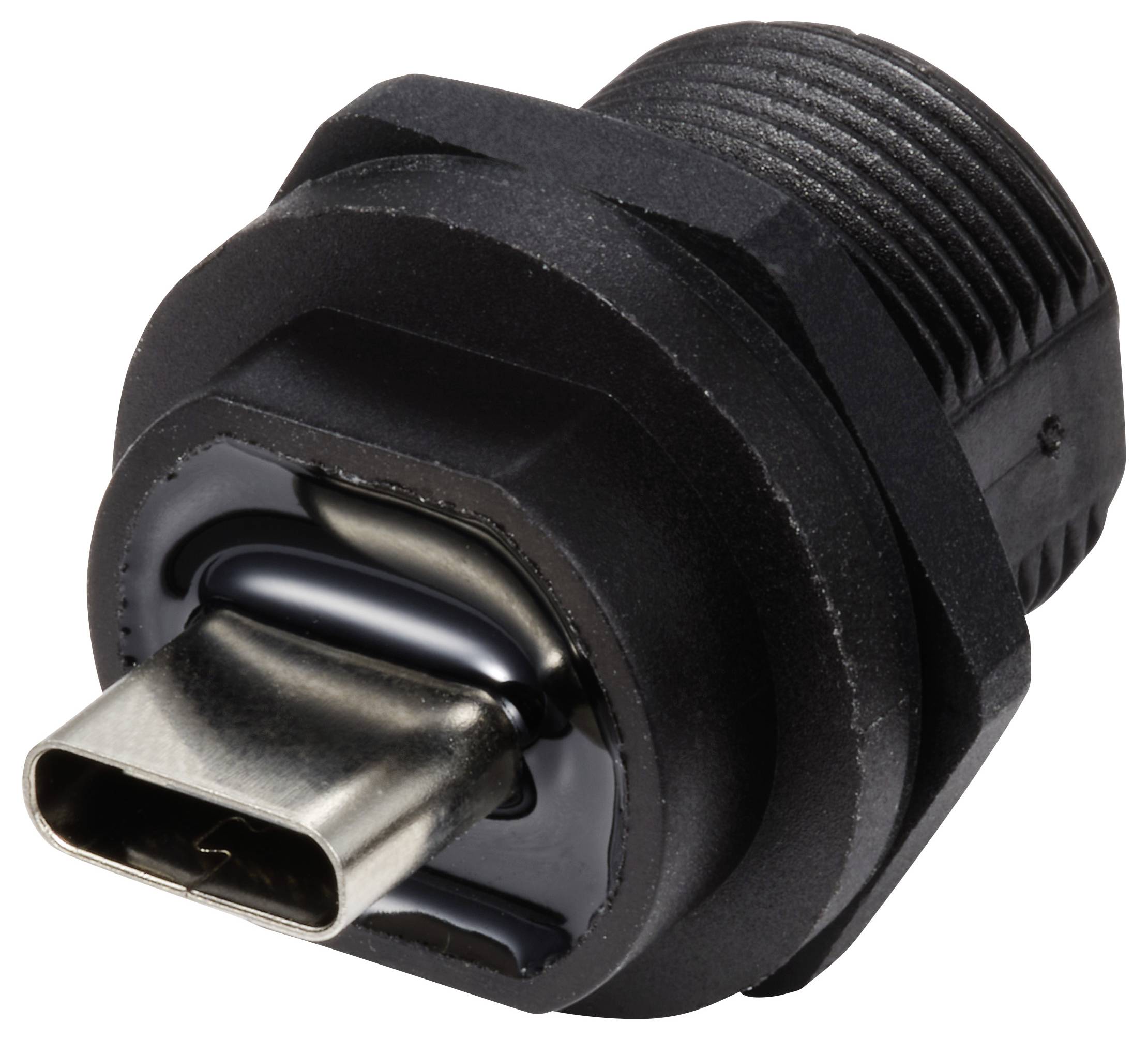En sort USB-C-stik med gevind til panelmontage, som viser forsiden med koblingen til en kabelforbindelse.
