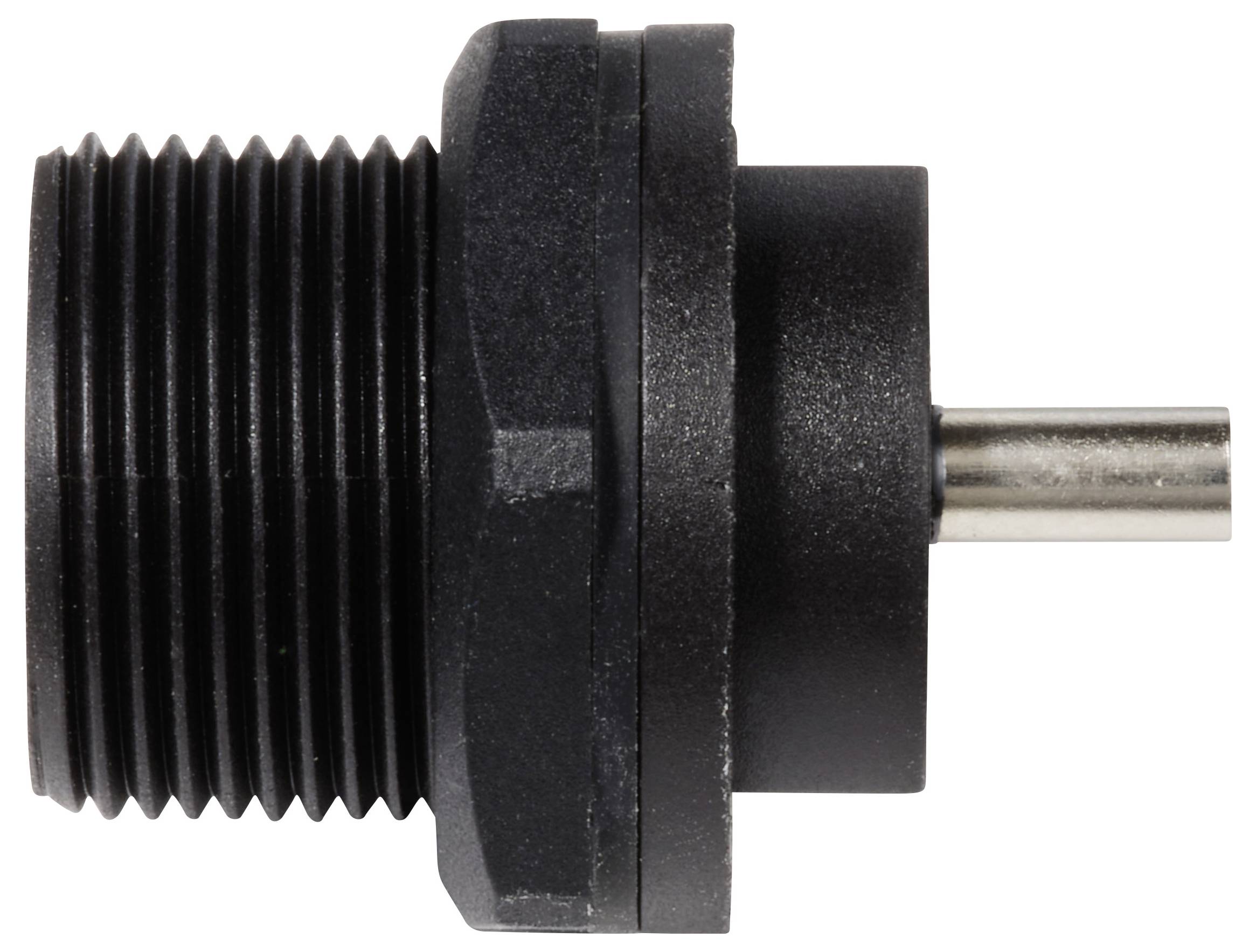 Sort-grå cylindrisk sensor eller stik med gevind og metalstift til industrielle anvendelser.