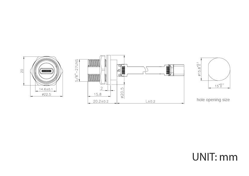 Teknisk tegning af en USB-C-stik med dimensioner i millimeter, viser front-, side- og topvisning samt hulstørrelse.