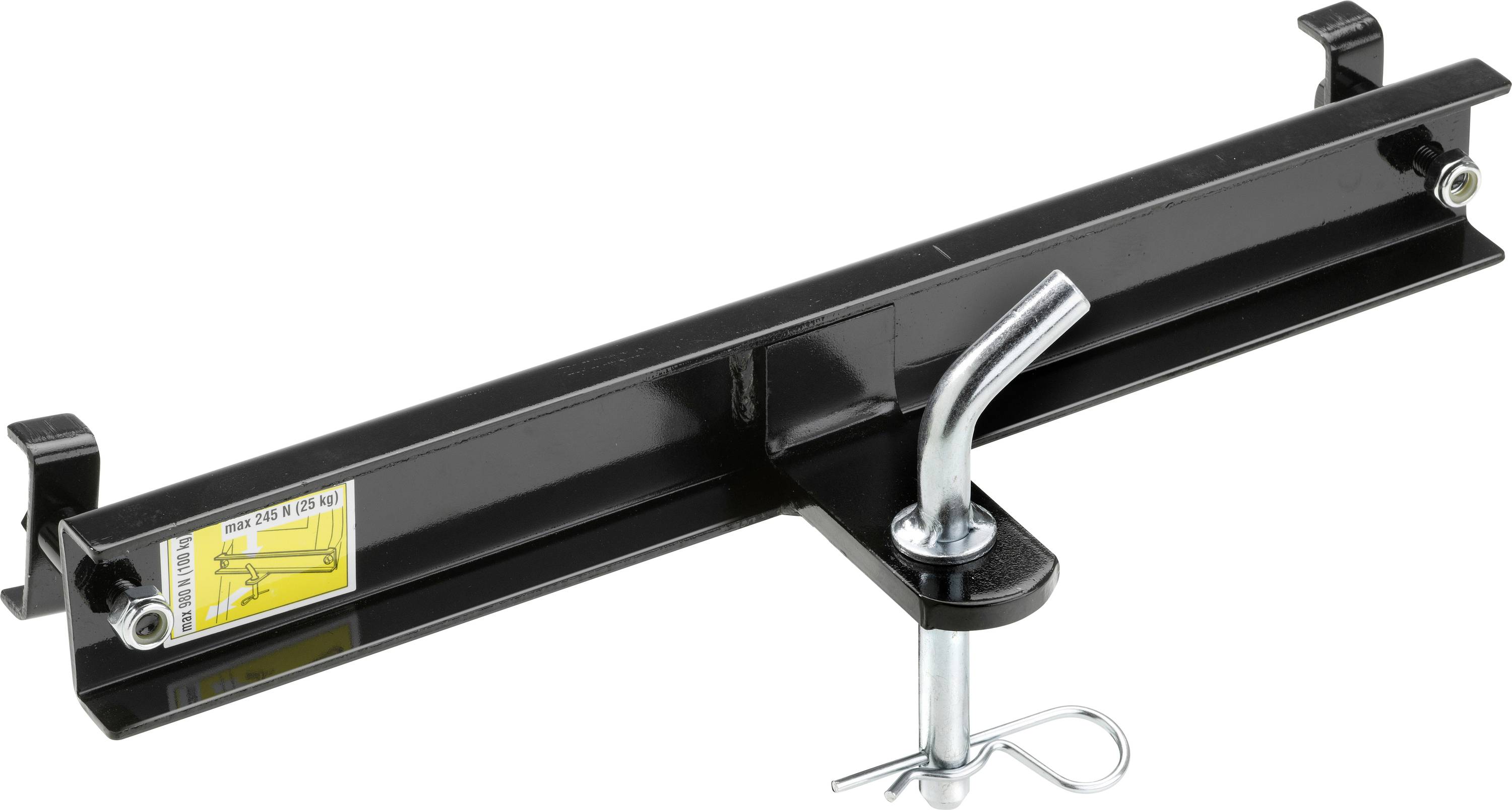 Sort metalbeslag med ophæng og sikringsstift, bruges til fastgørelse eller stabilisering af tunge genstande.