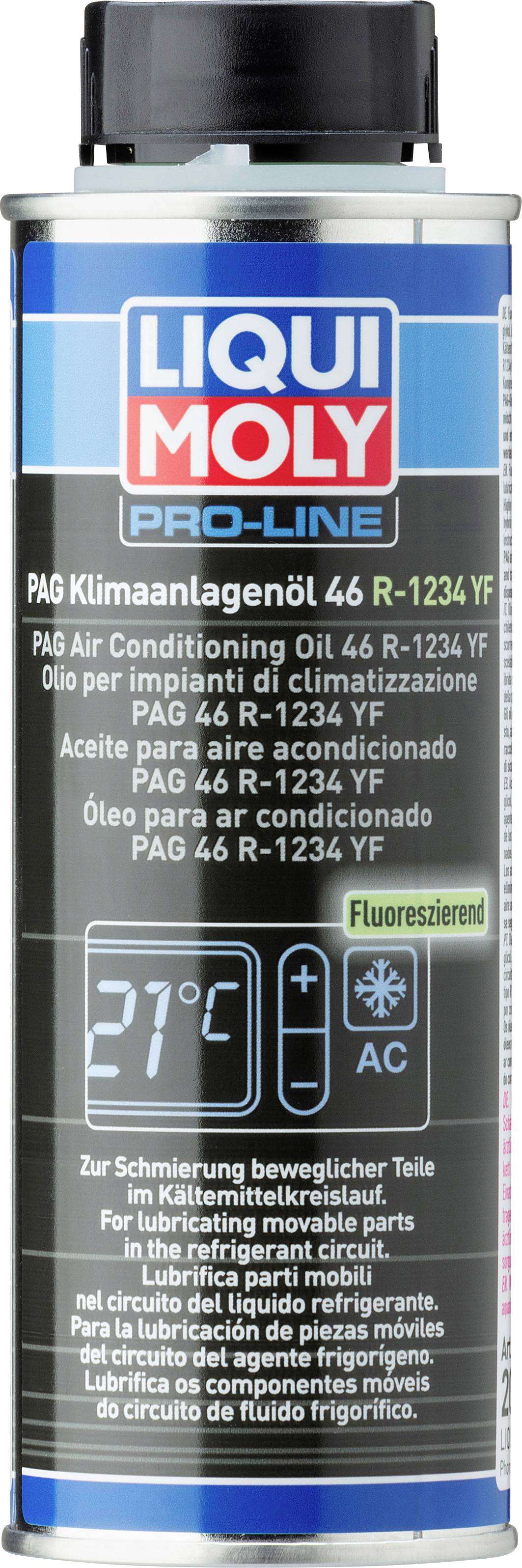 Dosis Liqui Moly Pro-Line PAG-klimaanlægsolie 46 R-1234 YF, egnet til klimaanlæg. Påskrift: '21°C', 'Fluorescerende'.