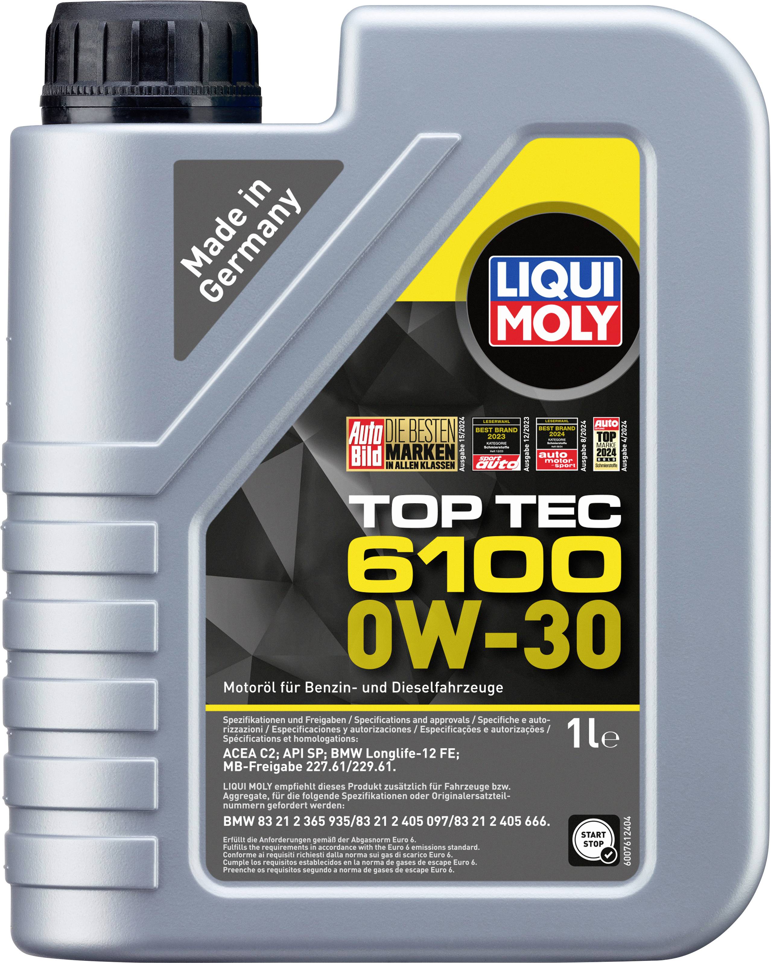 '1-liters dunk med Liqui Moly Top Tec 6100 0W-30 motorolie, egnet til benzin- og dieselkøretøjer, fremstillet i Tyskland.'
