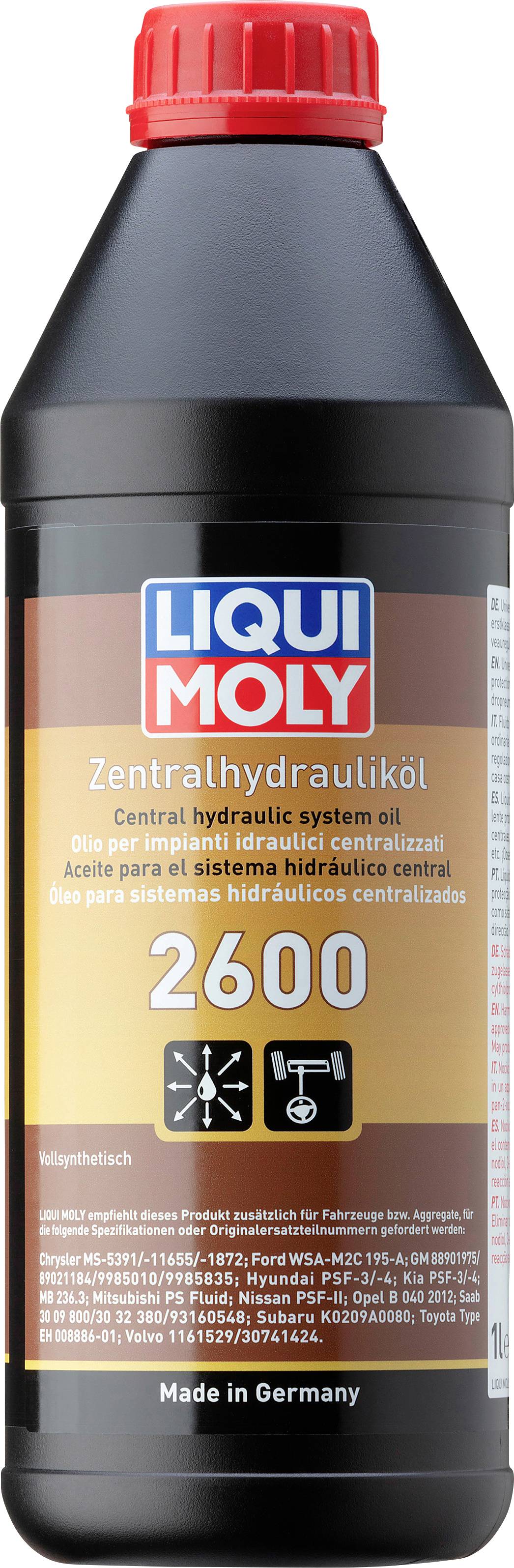 En flaske Liqui Moly Centralhydraulikolie 2600 med etiket på flere sprog. Fremstillet i Tyskland.