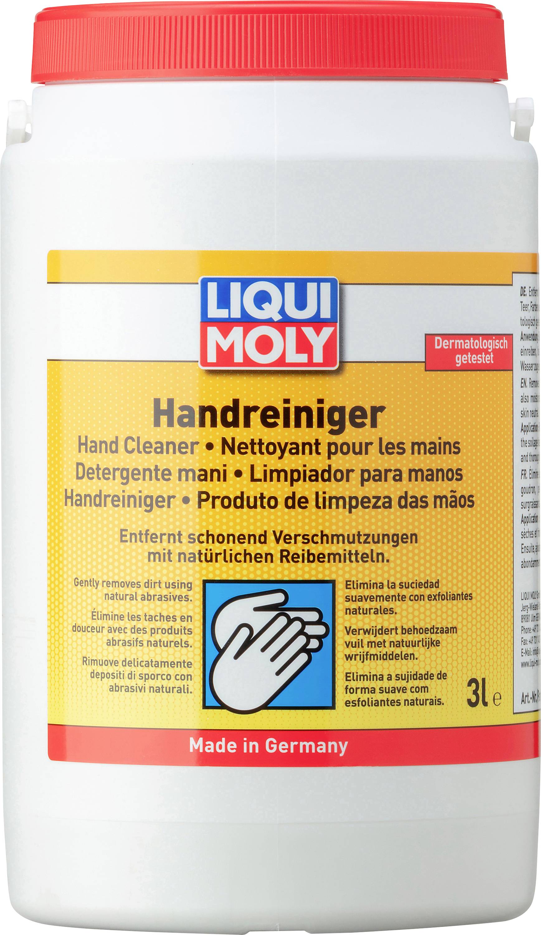 En hvid beholder med et gult Liqui Moly 'håndrens' etiket. Fjerner forsigtigt snavs. Indhold: 3 liter.