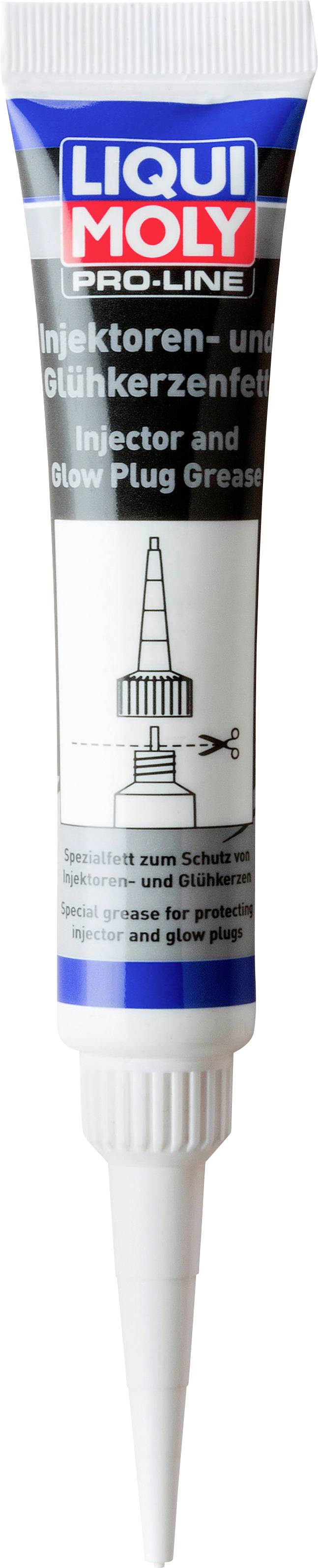 En tube 'Liqui Moly Pro-Line Injektorer og Tændrørfedt' med hvid låg. Etiket på dansk og engelsk.