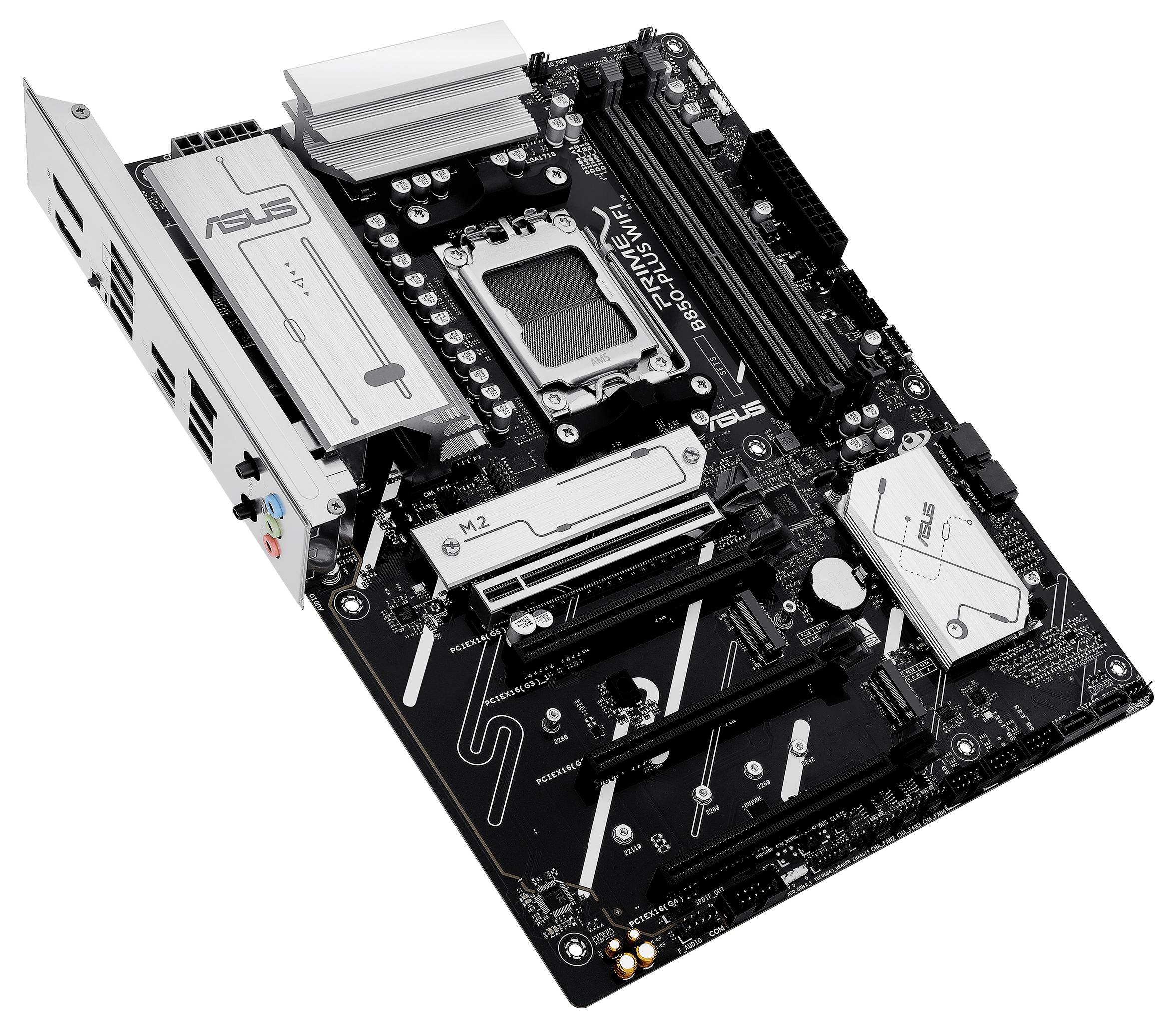 ASUS-bundkort med flere PCIe-slots, RAM-banker og tilslutninger til periferiudstyr, velegnet til kraftfulde computere.