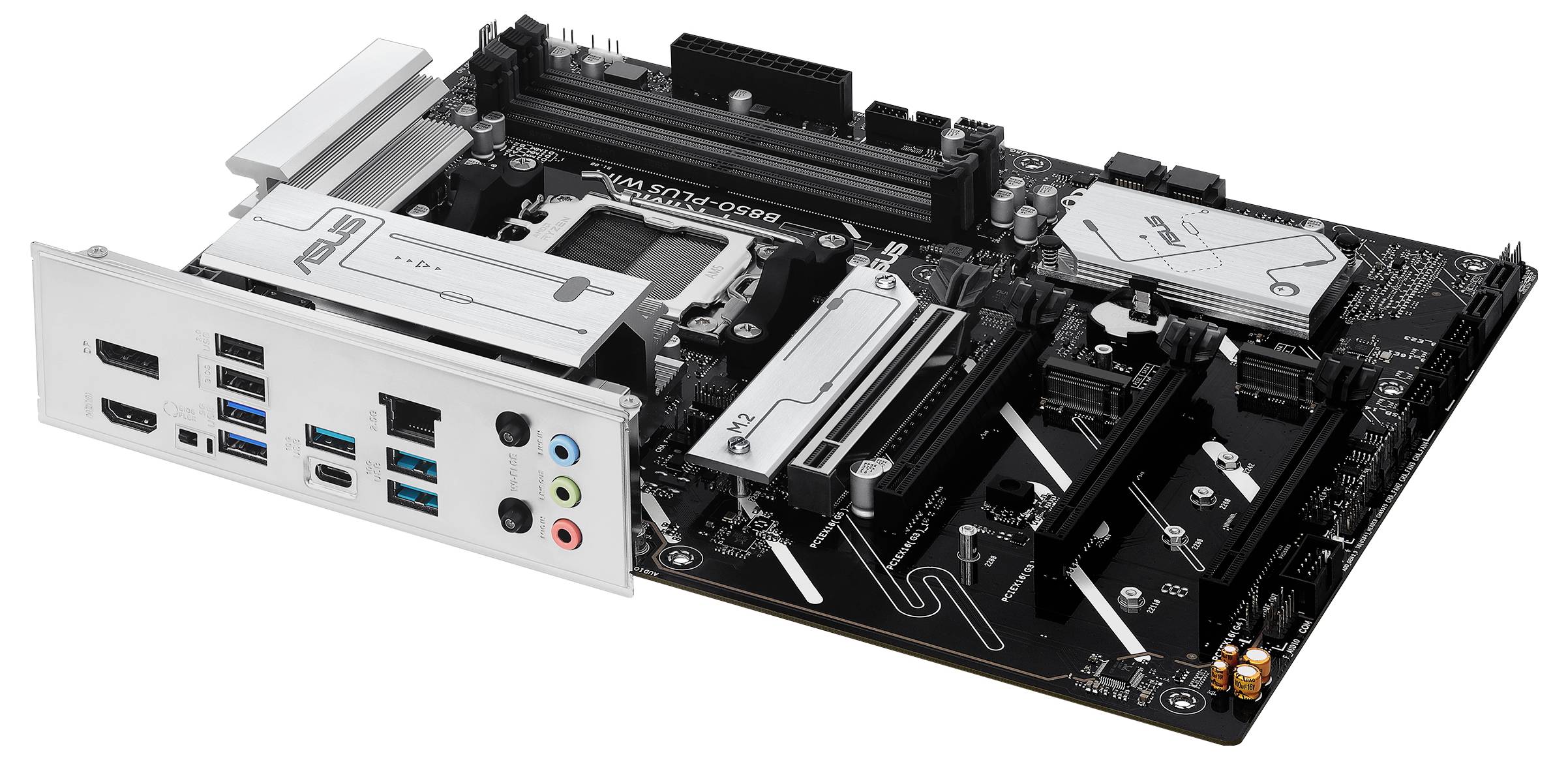 Hovedmotherboard på en computer med flere tilslutninger til USB, lyd og netværk på venstre side, sort design.