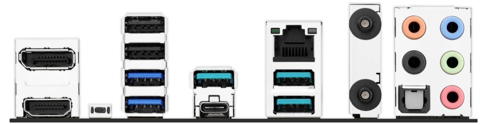 Bagsiden af et computer-bundkort med forskellige stik, herunder USB, Ethernet, HDMI og lydstik.
