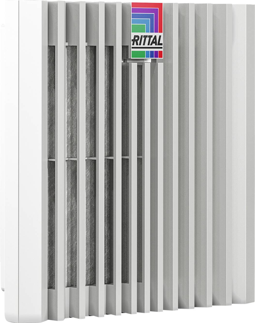 En hvid kølerventilatorer med lodret lameltegning og et rødt, blåt og grønt logo øverst til højre.