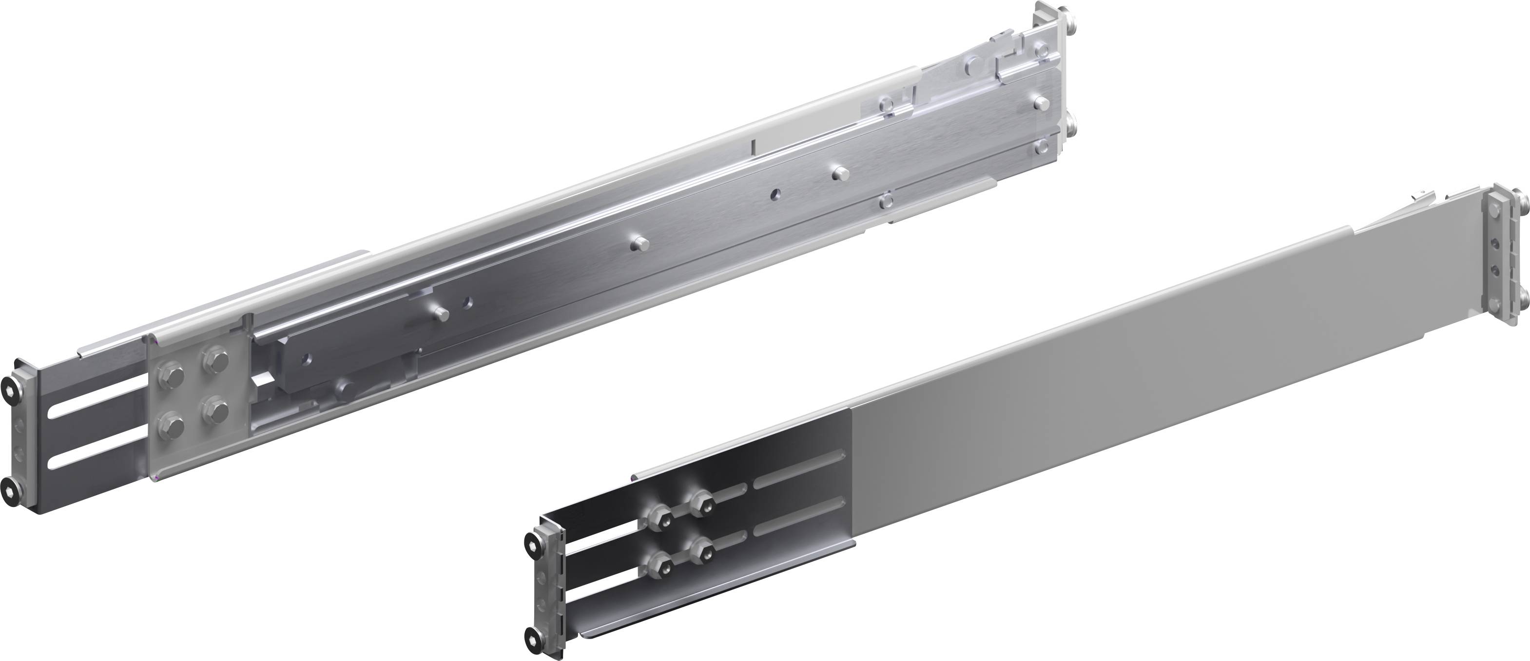 Metalskinne med udtræksfunktion, egnet til skuffer eller lignende anvendelser, i metalfinish.