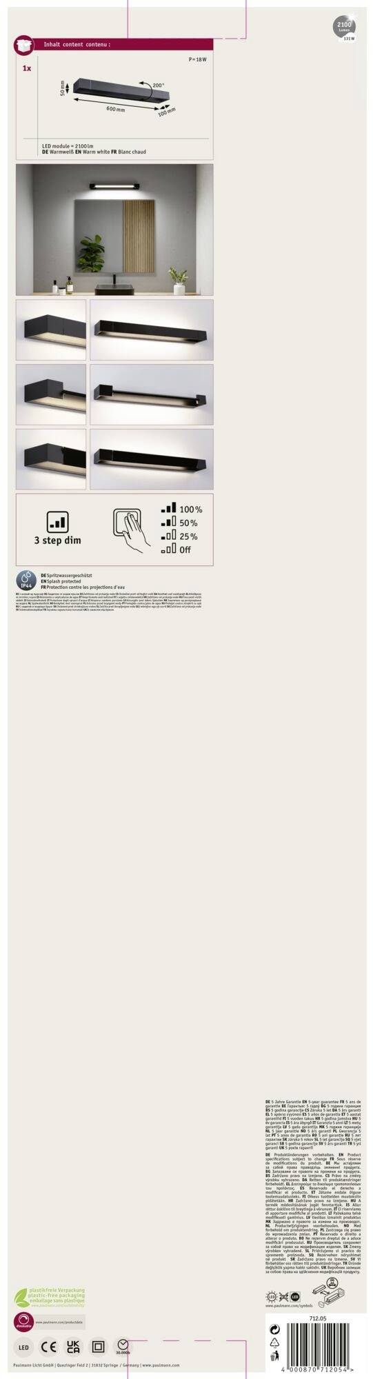 LED-væglampe til indendørs brug viser forskellige visninger af lampen, installationsmetoder og energibesparende oplysninger.
