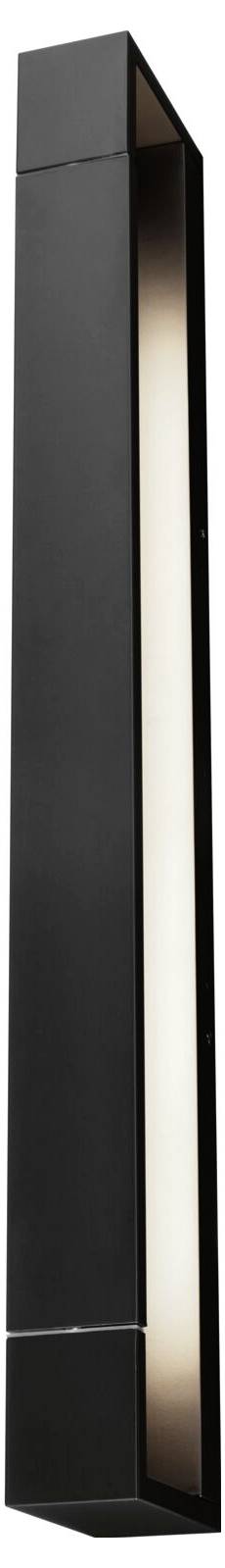Sort, vertikal udendørs væglampe med moderne, rektangulært design. Lyset stråler ud til siderne, velegnet til stilfuld facadebelysning.