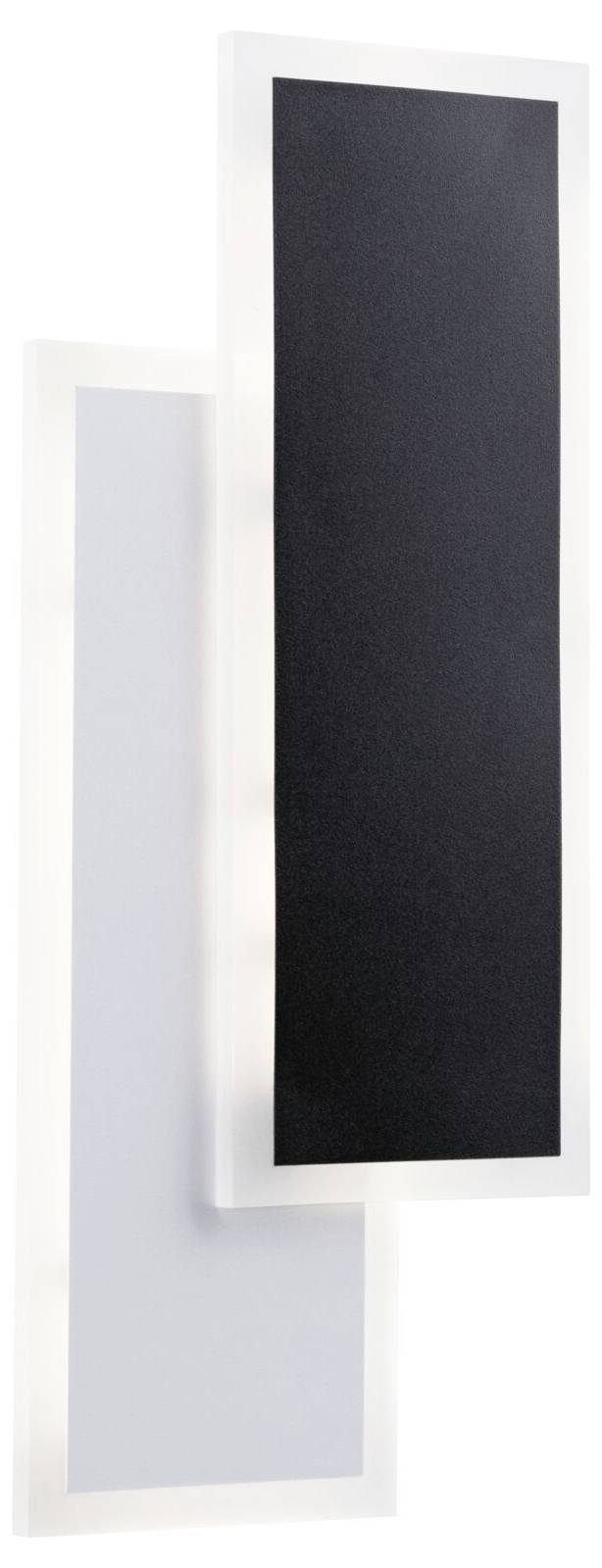 To dimensioner, rektangulære paneler, der delvist overlapper hinanden, et i sort og et i hvid, arrangeret i et moderne, minimalistisk design.