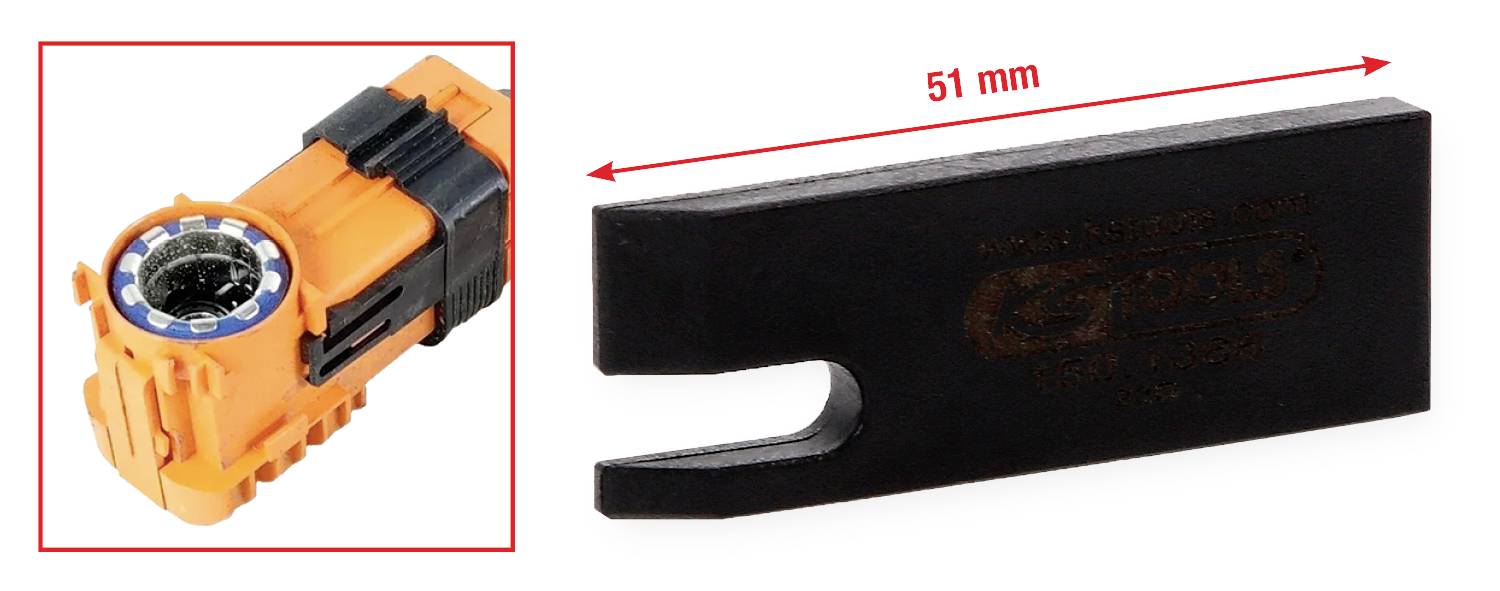 Et afgrateværktøj af orange og sort materiale ved siden af en sort 51 mm skærekniv.