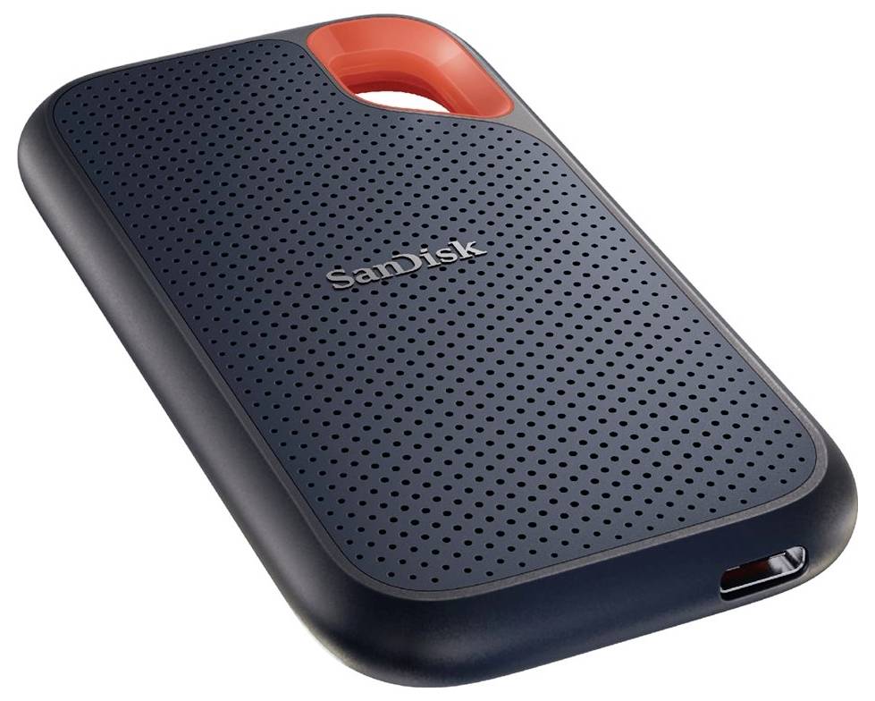 Ekstern harddisk fra SanDisk, sort med orange accent, kompakt og bærbar.