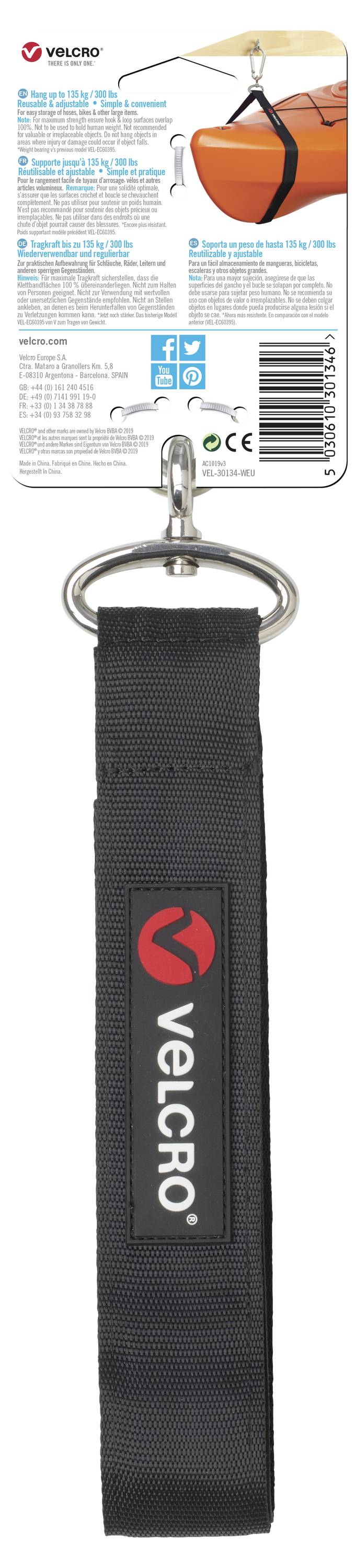 En sort remforlænger med krog, egnet til ergonomisk støtte. Produktetiket med monteringsvejledning og kontaktoplysninger.