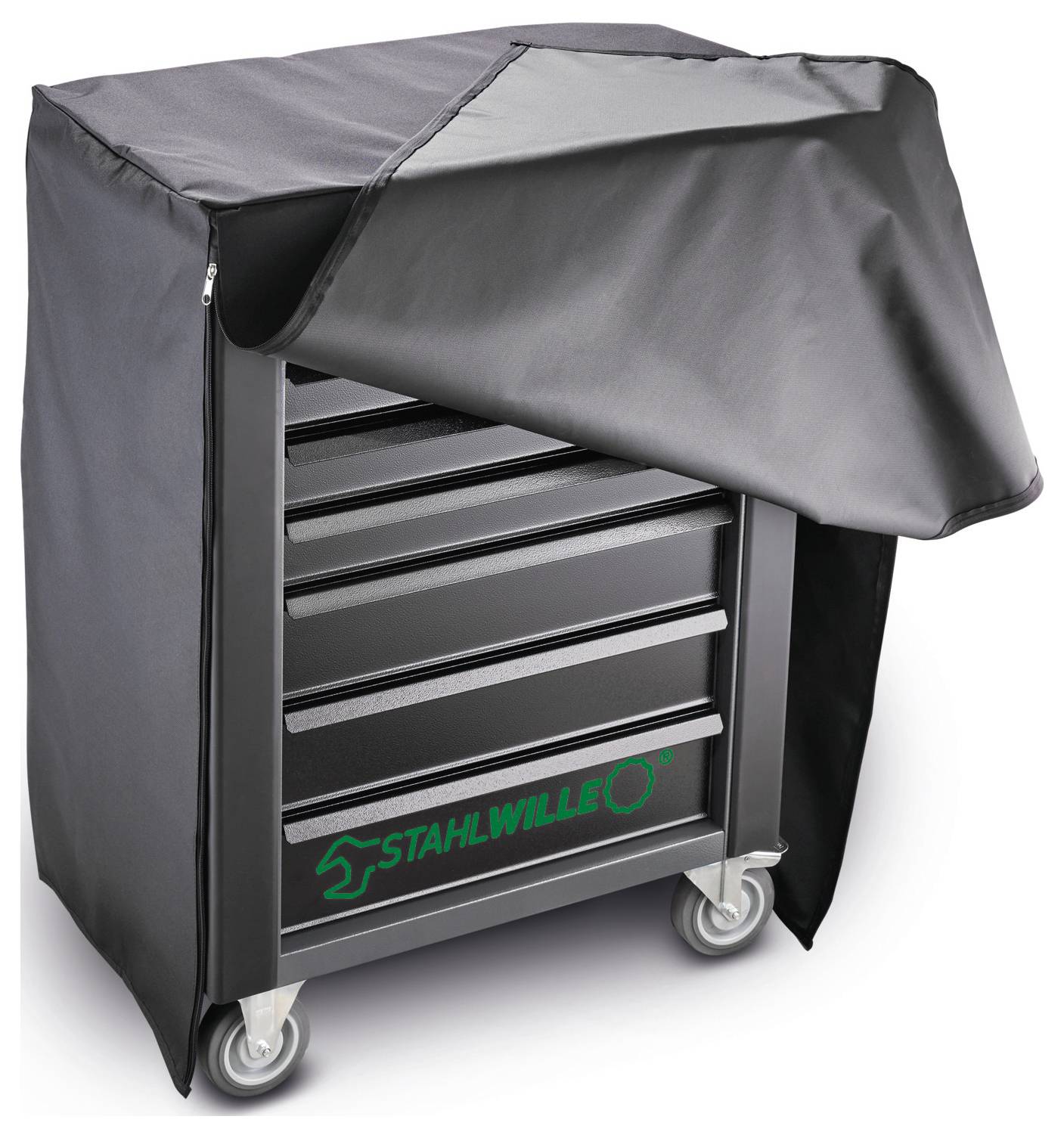 Sort, mobiltværktøjsskab med flere skuffer, delvist overdækket, monteret på hjul. 'Stahlwille' logo synligt.