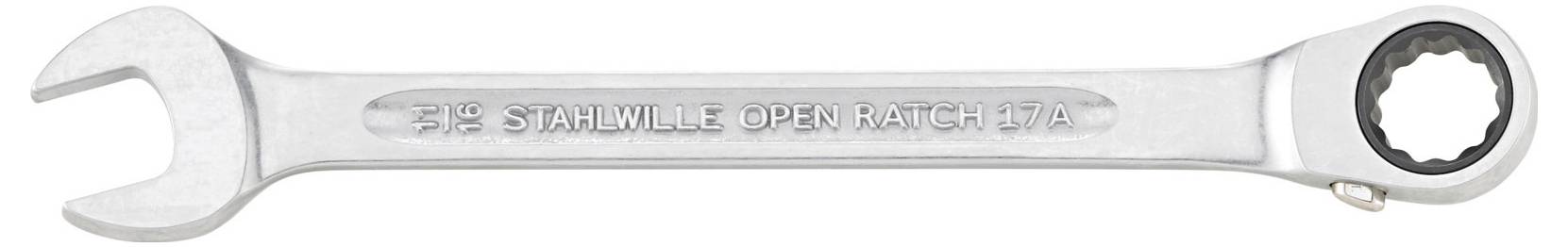 En forkromet ringnøgle med åben gaffel, mærket '7/16 STAHLWILLE OPEN RATCH 17A'.