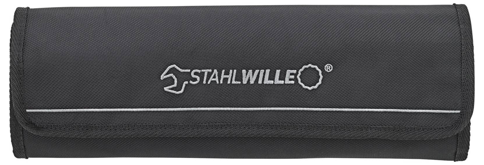 Sort værktøjstaske med 'STAHLWILLE' logo i midten, foldet sammen og klar til transport.
