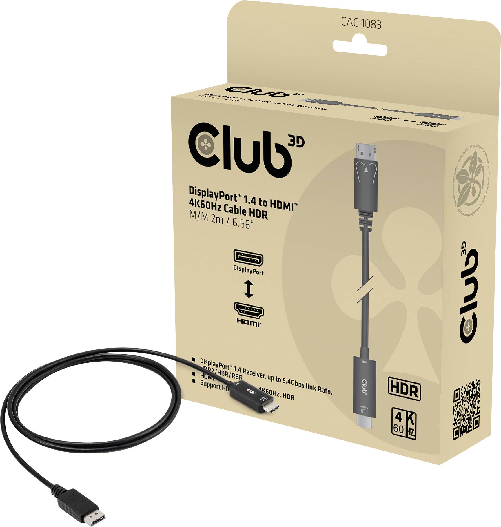 Emballage af et Club 3D DisplayPort 1.4 til HDMI-kabel, 2m længde, 4K60Hz HDR-understøttelse. Foto af kablet med DisplayPort- og HDMI-stik.