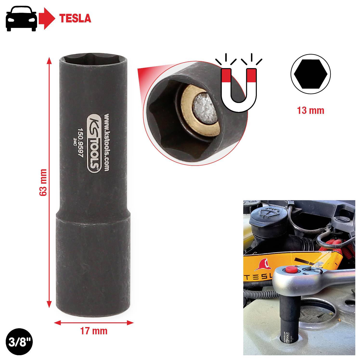 'Lange Stecknøgle' til Tesla-biler, 17 mm størrelse, 3/8" drev, 63 mm højde. Magnetisk holder til sikker håndtering ved dækmontage.