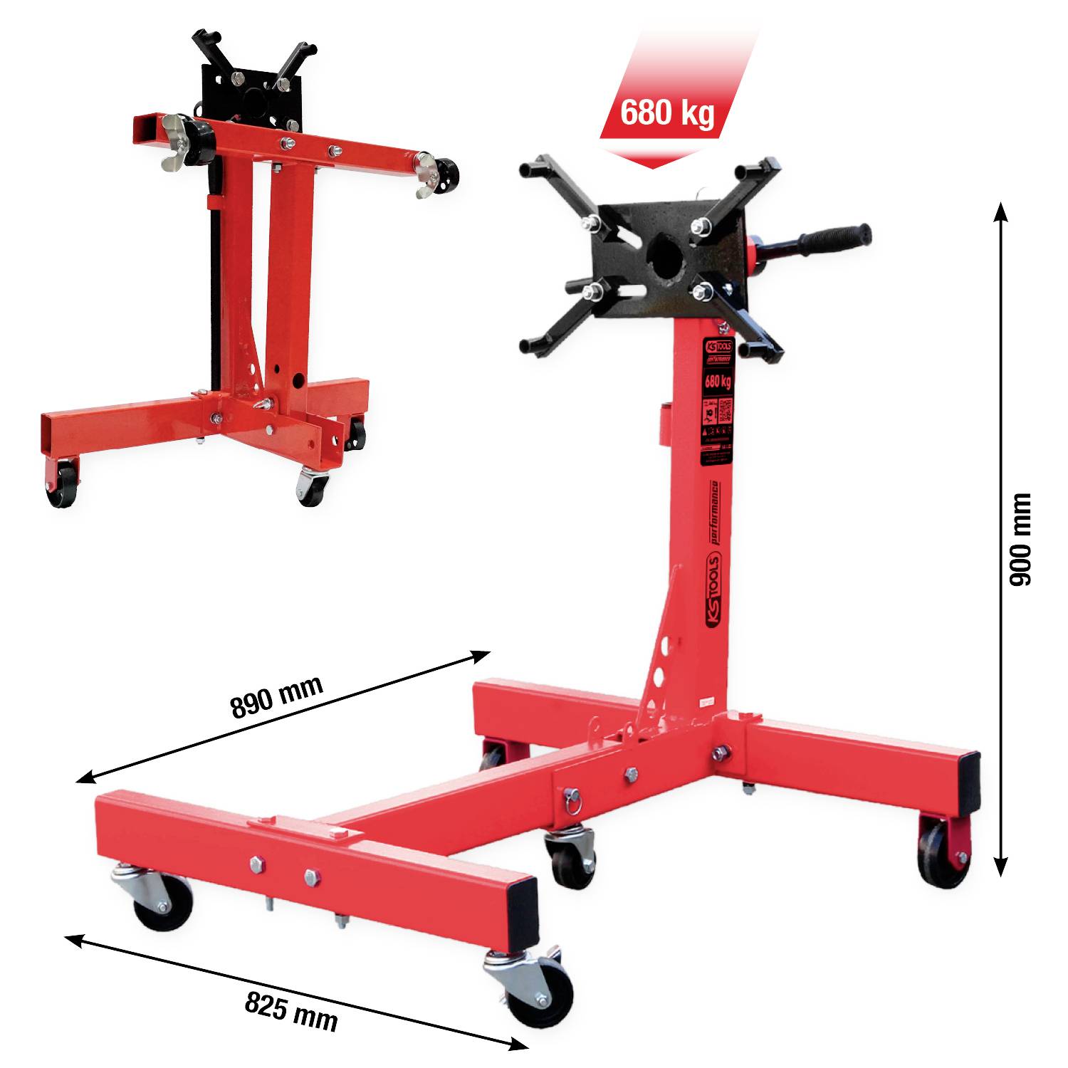 En rød motorstander på hjul, maks. bæreevne 680 kg, mål: 825 mm bredde, 890 mm længde, 900 mm højde.