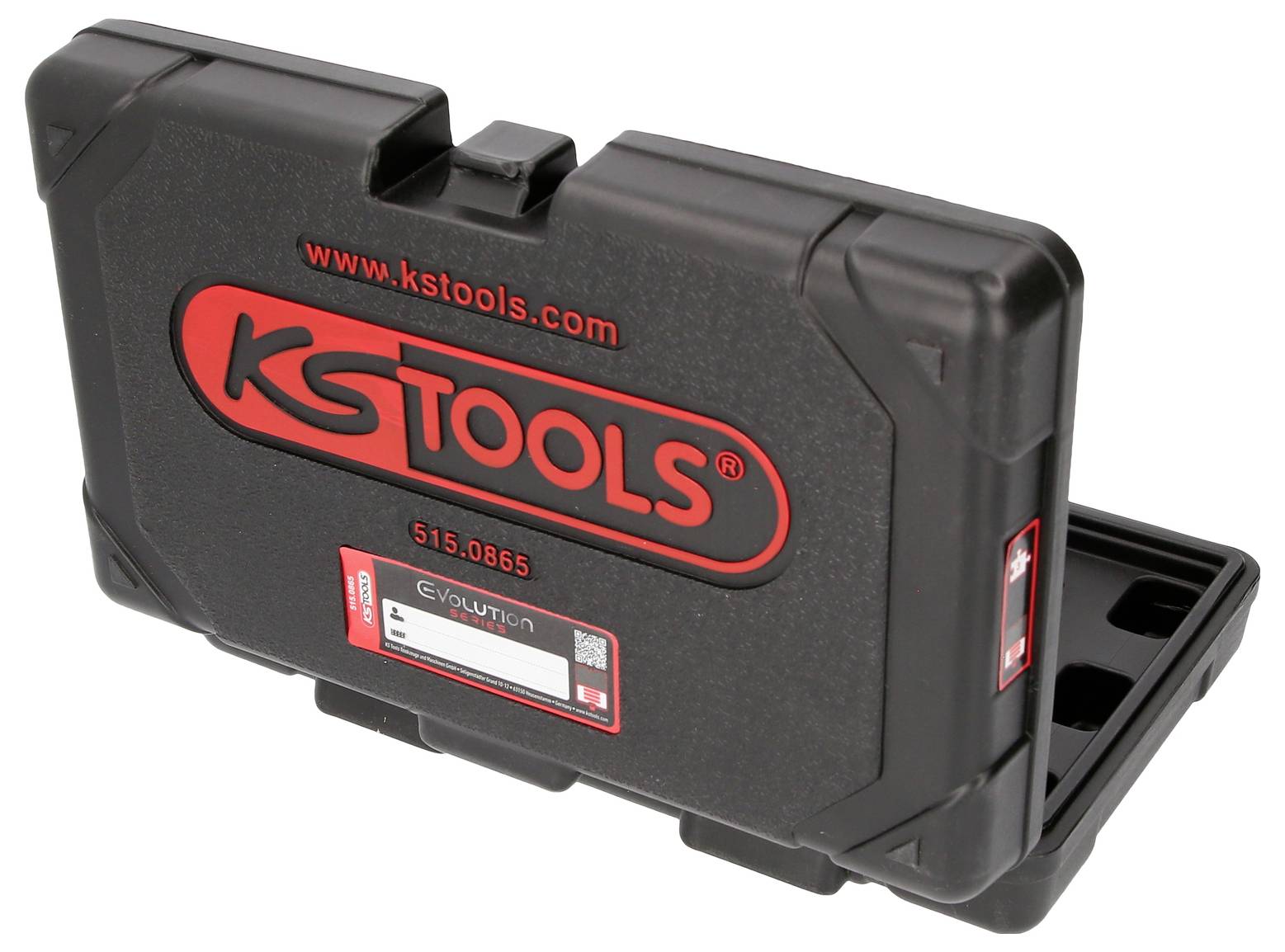 Sort værktøjskasse fra KS Tools med rødt logo og påskriften 'www.kstools.com'. Modelnummer: 515.0865.