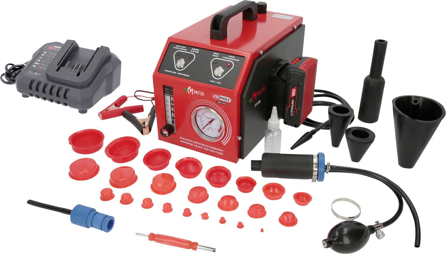 Vakuumpumpe-sæt med talrige påsætninger, oplader og tilbehør. Hovedenhed i rød med håndtag og display.