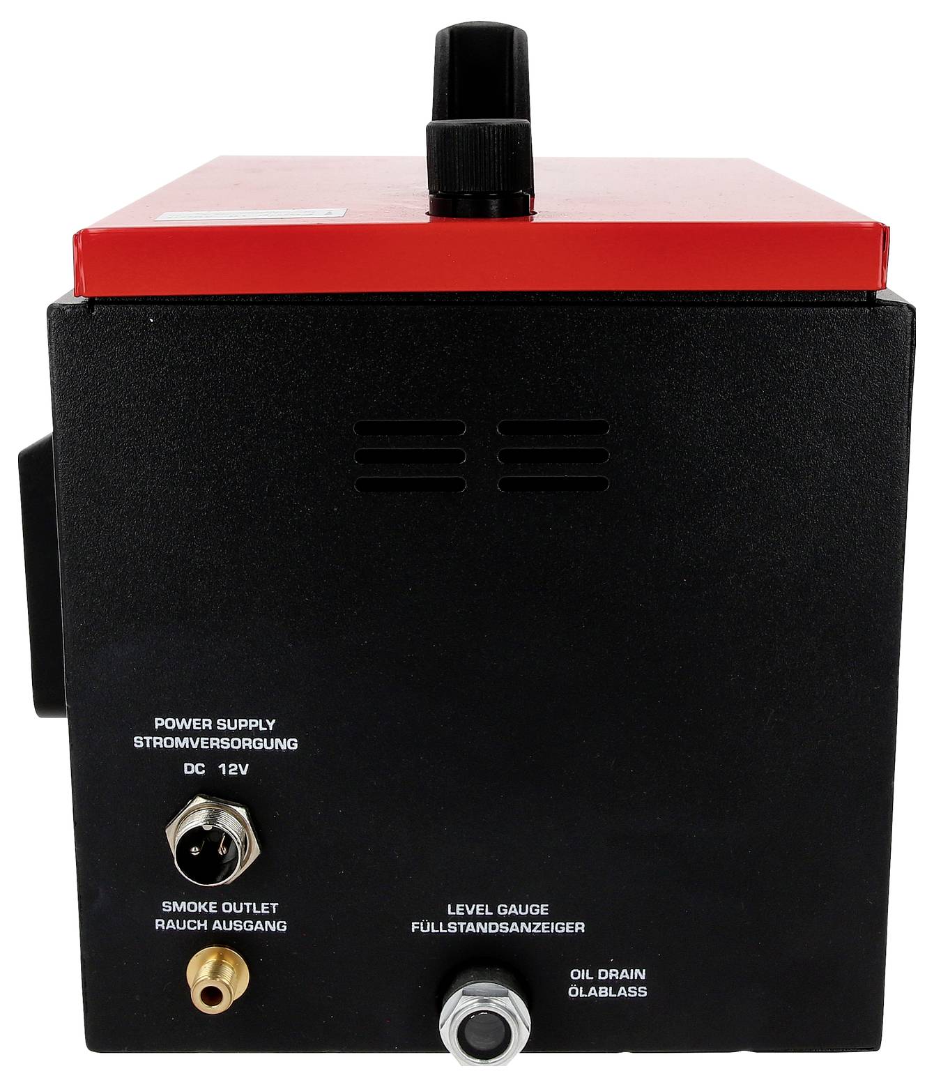 Sort enhed med rødt låg, tilslutning til DC 12V strømforsyning, røg- og olieudgang. Niveauindikator på forsiden.