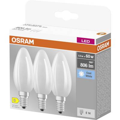 Pakke med tre OSRAM LED-pærer, E14-sokkel, 5,5W svarende til 60W, 806 lumen, 360° spredningsvinkel, 'Cool White', energiklasse D.