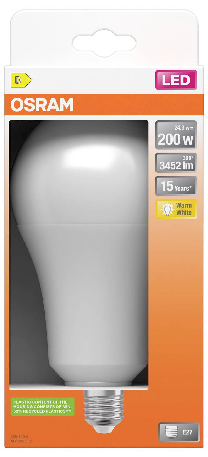 OSRAM LED-pære pakke viser en 200 W-ækvivalent varm hvid pære, 3452 lm, 15-års levetid, E27 sokkel.