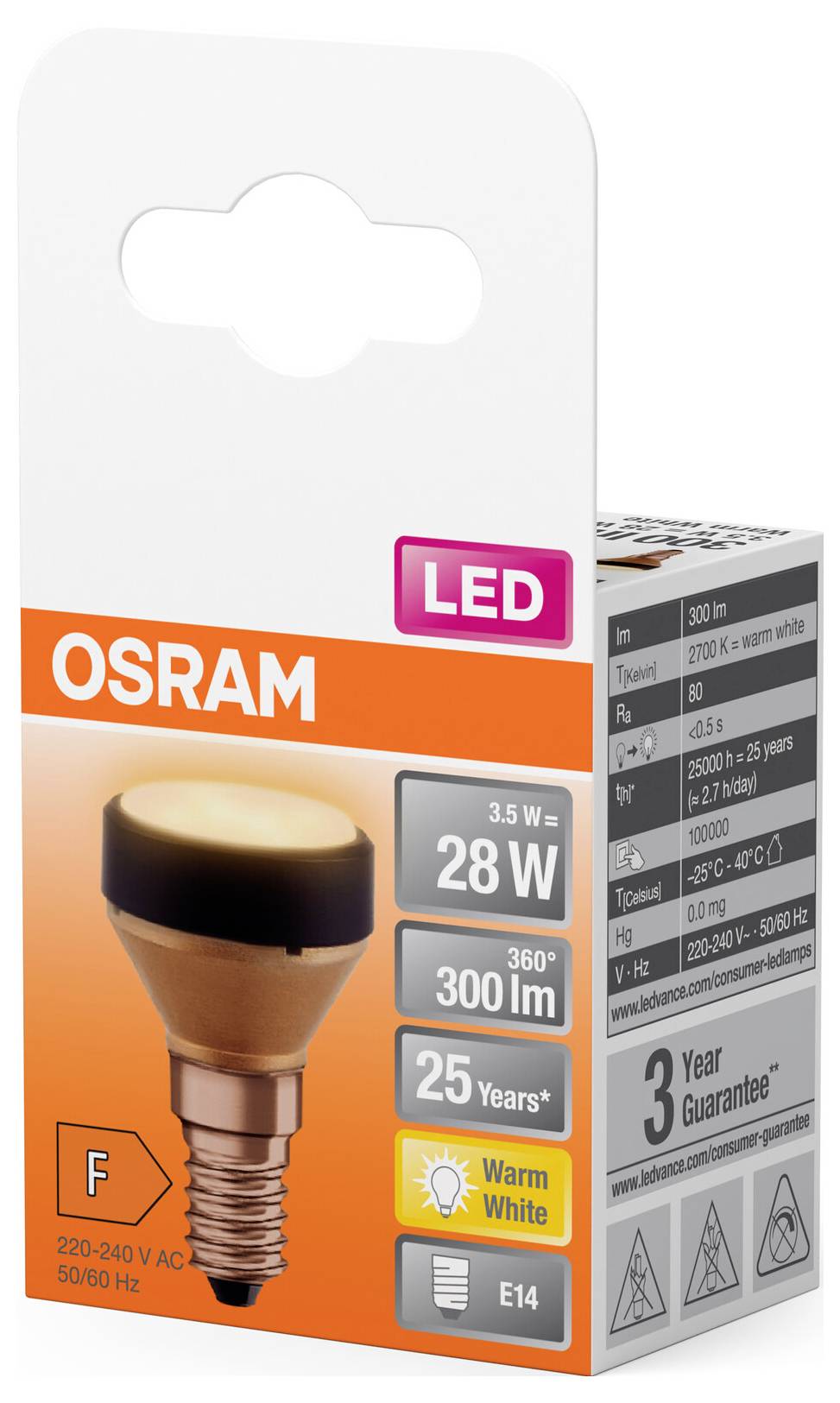 'OSRAM LED-pære, 3,5 W, erstatter 28 W, 300 lm, varmt hvidt lys, E14-sokkel, energieffektivitetsklasse F, 25 års levetid, 3 års garanti'